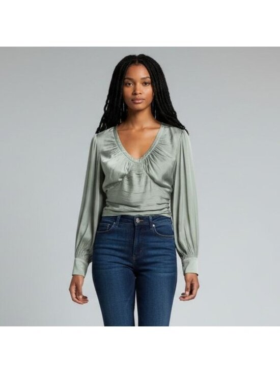 Anthropologie Tops - Anthropologie Sage Blouson Sleeve Peasant Top Cutout Back Ruched Front Feminine